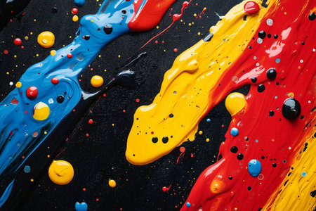 Colorful paint splashes isolated on black background. Top view.の素材