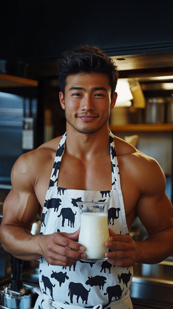Portrait of handsome young man holding a glass of milk in kitchenの素材