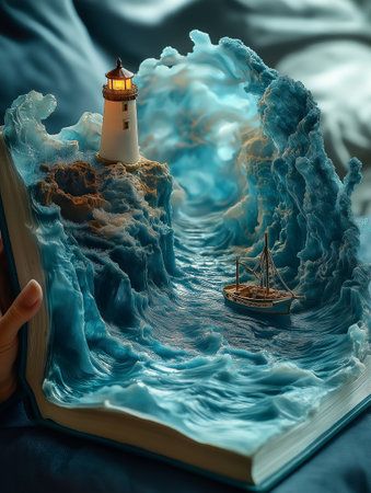 Sea, lighthouse and boat on the book. Traveling concept.の素材