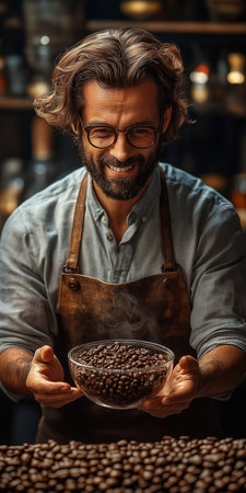 Handsome bearded barista in eyeglasses holding coffee beans and smiling while working in cafeの素材