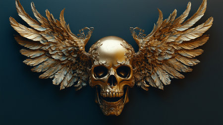 Golden skull with wings on a dark background. 3d illustration.の素材
