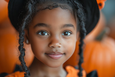 Portrait of a cute african american girl in halloween costume looking at cameraの素材