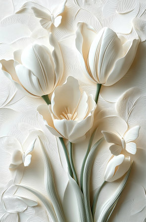 White tulips on a white background. Floral background for design.の素材