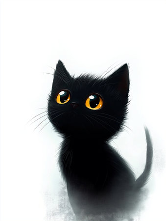 Black cat with yellow eyes on a white background. Digital illustration.の素材