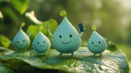 Smiling water drop character on green leaf. Ecology concept. 3D Renderingの素材