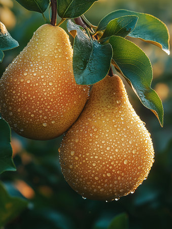 Ripe pears on a tree branch in the garden after rainの素材