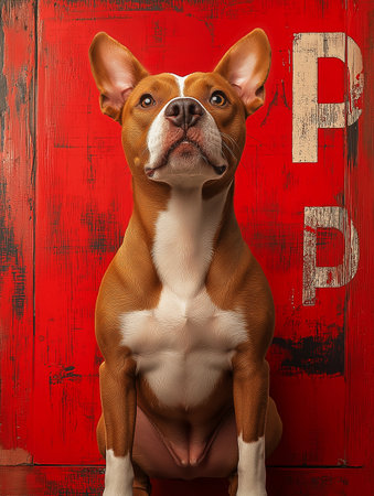 Portrait of a Boston Terrier sitting on a red wooden backgroundの素材
