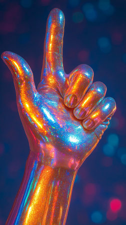 Hand of a man with a finger up on a background of colored lightsの素材
