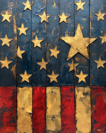 United States of America flag painted on old wooden wall. American patriotic background.の素材