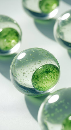 Glass balls with green moss on white background. 3D illustration.の素材