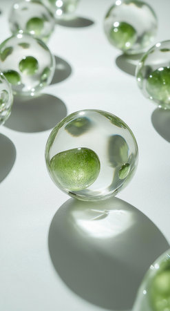 Green limes in a glass ball on a white background with shadowの素材