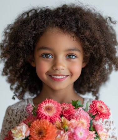 Portrait of a smiling little girl with a bouquet of flowersの素材