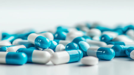 Close up of blue and white pills on white background with copy spaceの素材