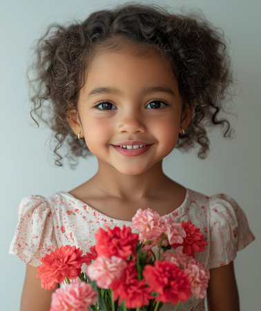beautiful african american little girl with bouquet of flowersの素材
