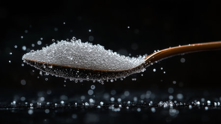 Close up of a spoon full of sugar on a black background.の素材