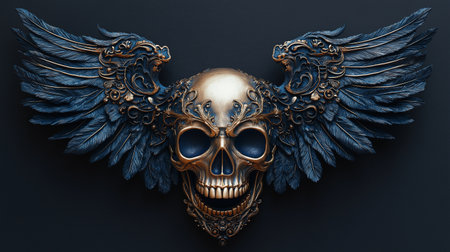 Skull with wings on a dark background. 3d illustration.の素材