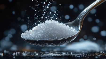 sugar in a spoon on a dark background, close up viewの素材