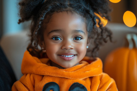 little african american girl in halloween costume smiling at cameraの素材