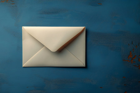 Envelope on blue wooden background. Top view with copy spaceの素材