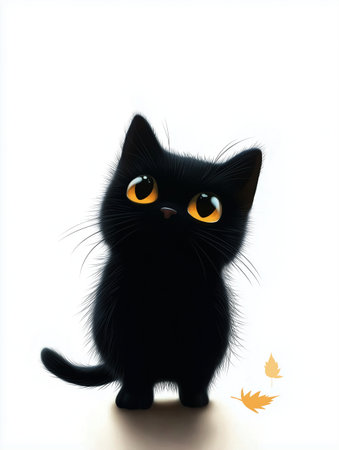 Black cat with autumn leaves isolated on white background. Vector illustration.の素材