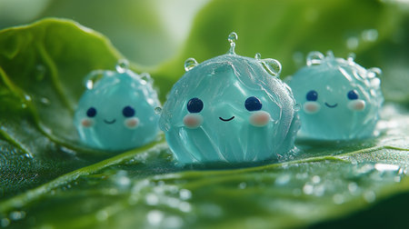 Cute blue caterpillar on green leaf with water drops on itの素材