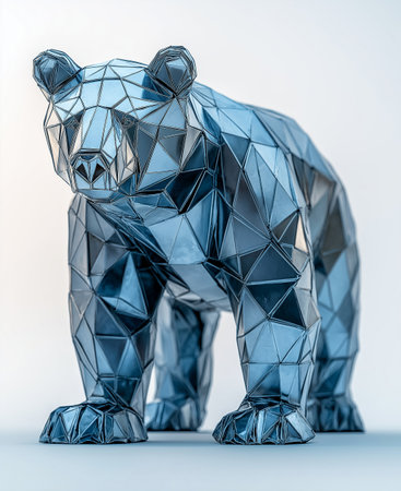 Blue origami bear on a white background. 3d rendering.の素材