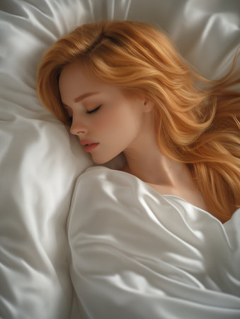 Beautiful redhead woman sleeping in bed. Close up portrait.の素材
