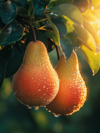 Ripe pears on the tree in the garden after rain.の素材
