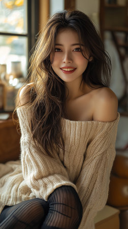 Portrait of a beautiful young asian woman in sweater sitting in cafeの素材