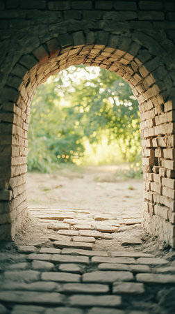 Old brick wall with a window in the shape of a tunnel.の素材