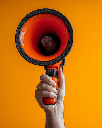 Male hand holding a red megaphone on a yellow background.の素材