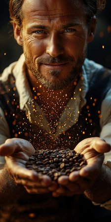 Close-up portrait of a bearded man holding coffee beans in his handsの素材