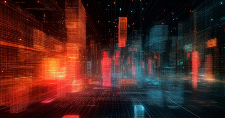 Futuristic cityscape with glowing lights. 3D Renderingの素材