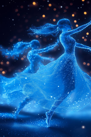 Digital illustration of a dancing couple in front of a bokeh backgroundの素材