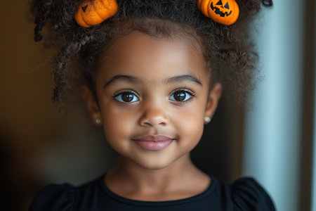 Portrait of cute african american little girl with Halloween pumpkin decorationの素材