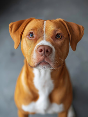 Close-up portrait of a red American Staffordshire Terrier.の素材