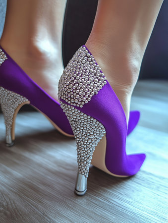 Beautiful female legs in purple high heel shoes with rhinestonesの素材