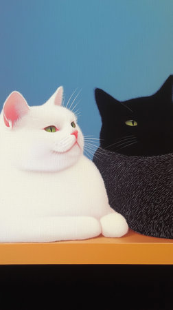 White cat and black cat sitting on bookshelf with blue backgroundの素材