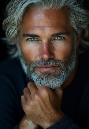 Close-up portrait of a handsome mature man with grey beard and mustacheの素材