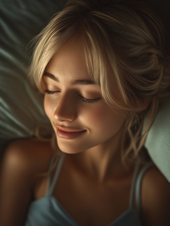 Beautiful young woman sleeping in bed at home. Portrait of a beautiful girlの素材