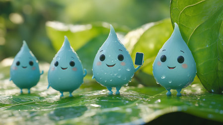 Cute blue water drop character on green leaf background, Ecology conceptの素材