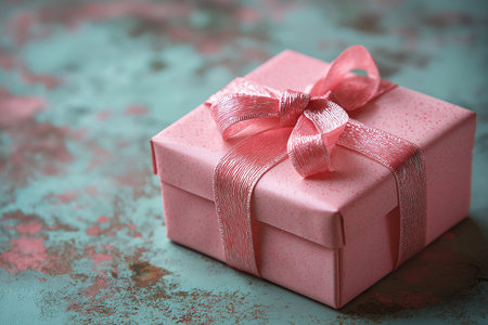 Gift box with pink ribbon on rustic background, closeupの素材