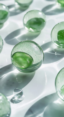 Green glass balls on white background with shadow. Minimal style.の素材