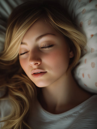 Beautiful young woman sleeping in bed. Portrait of a girl.の素材