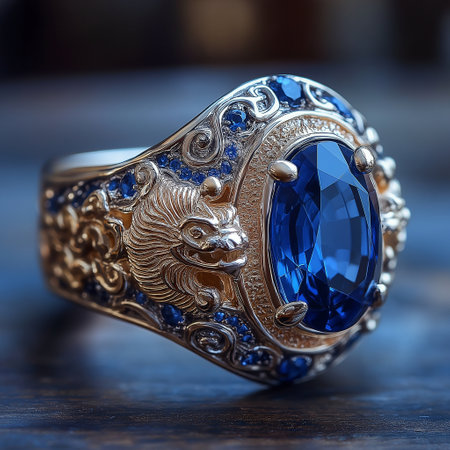 Jewelry ring with blue sapphire, close-upの素材