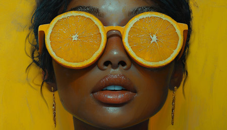 Beautiful african american woman with oranges on her face.の素材