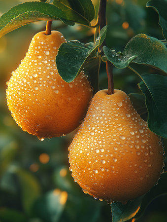 Ripe pears on a tree branch with dew drops.の素材