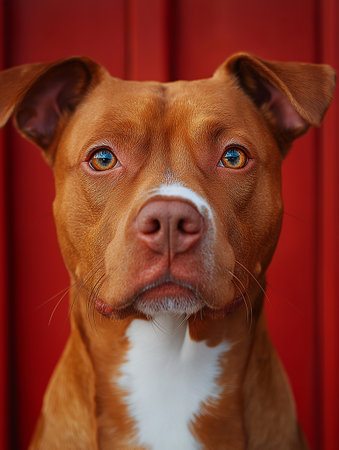 Portrait of a red dog with blue eyes on a red backgroundの素材