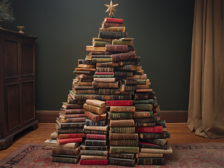 Christmas tree made of old books on the floor in the living roomの素材