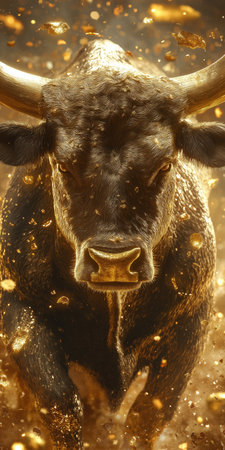 Portrait of a black bull on a background of golden dust.の素材